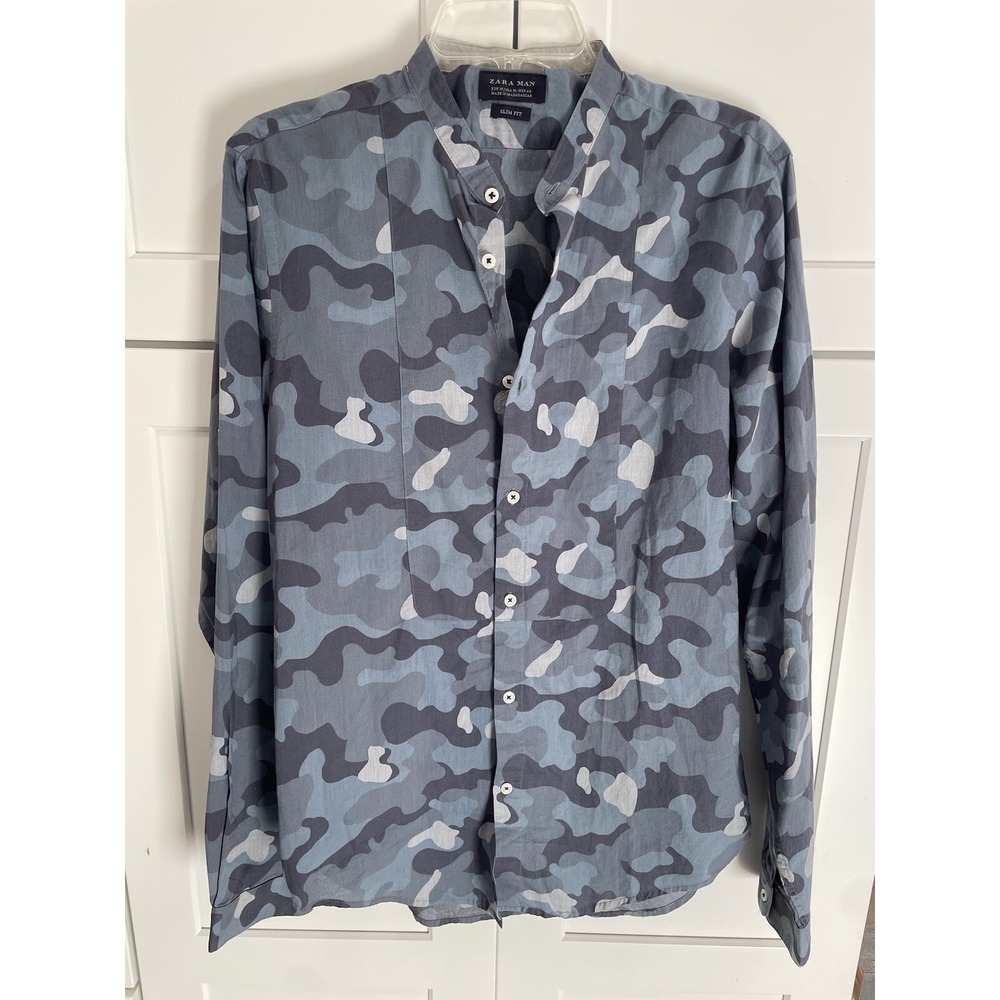 Zara Men's M Camo Blue Slim Fit Long Sleeve Button‎ Up SI47